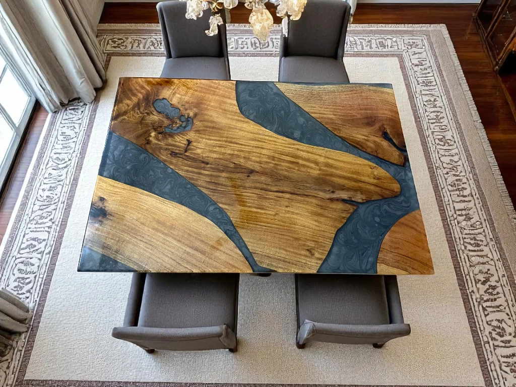 Stylish Grey River Epoxy Coffee Table with Acacia Wood Finish